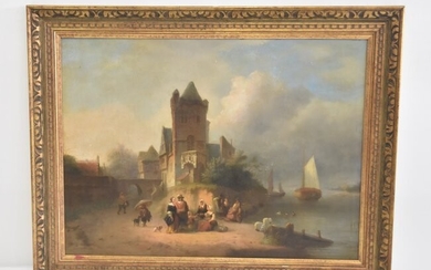 19thC OIL ON PANEL OF FIGURES BY CASTLE ON SHORE