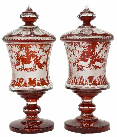 (2) BOHEMIAN RUBY-STAINED GLASS COVERED VASES