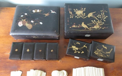 2 Japanese Lacquer Boxes / Game Sets with Insert Boxes and Bone Tokens (Circa 1880 - 1930) - Bone, Lacquer, Bamboo - Japan - Meiji period (1868-1912)