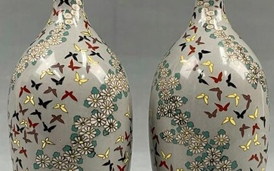 2 cloisonné vases. Gray-ground with birds.
