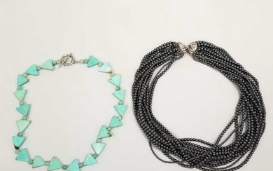 2 necklaces with sterling findings incl. multi- strand hematite and turquoise and jade