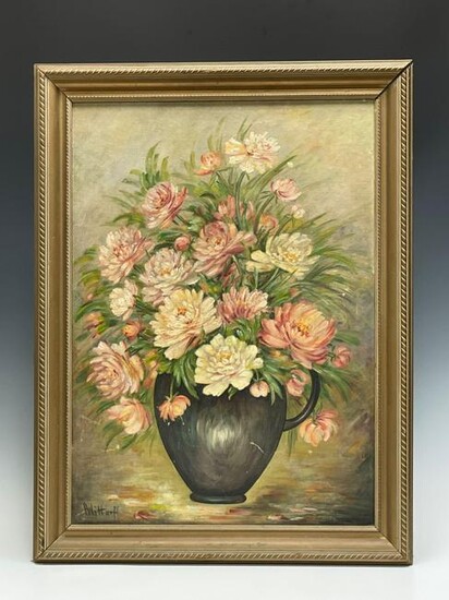 20th C. Pink Flowers in Vase Still life Signed H.