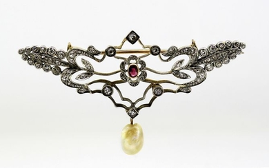 Victorian - 15 kt. Freshwater pearl, Gold, Silver - Brooch, Pendant Ruby - Diamonds
