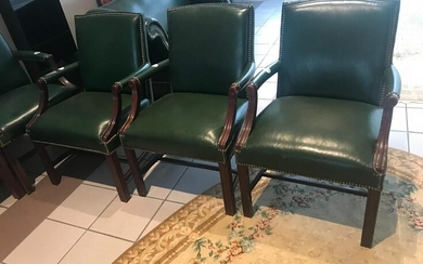 3 Chippendale Style Arm Chairs with Green Leather