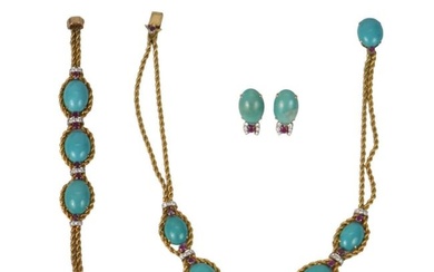 3 Pc Set 14K Yellow Gold Diamond Turquoise Ruby Necklace, Bracelet and Earrings. Total wt. 100.6