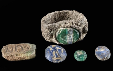 3 Roman Intaglios, Silver & Glass Ring, & Stone Bead