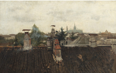 Emilio Gola ( Milano 1851 - 1923 ) , "Tetti di Milano (Veduta di Milano dall'alto)" 1884 olio su tela (cm 70x95) Firmato e datato in basso a sinistra...