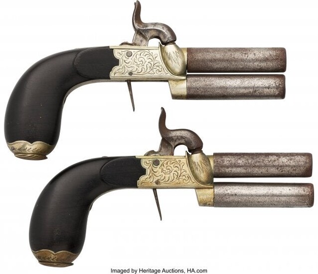 40059: Pair of Engraved Double Barrel Percussion Pistol