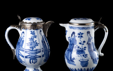 Two small blue and white porcelain ewers, each decorated with ladies and flowers, with silver mounts China, Qing dynasty, Kangxi...