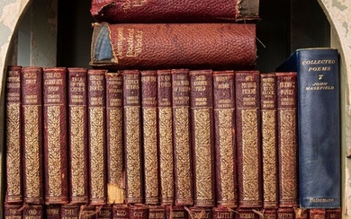 A SHELF OF VINTAGE LEATHER BOUND EDITIONS INCLUDING CHARLES DICKENS, SIR WALTER SCOTT AND OTHERS