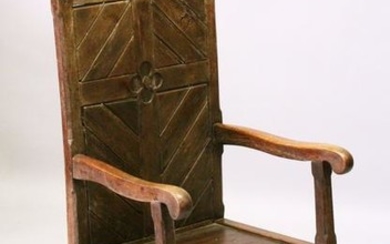 AN 18TH CENTURY AND LATER OAK GOTHIC ARMCHAIR, with