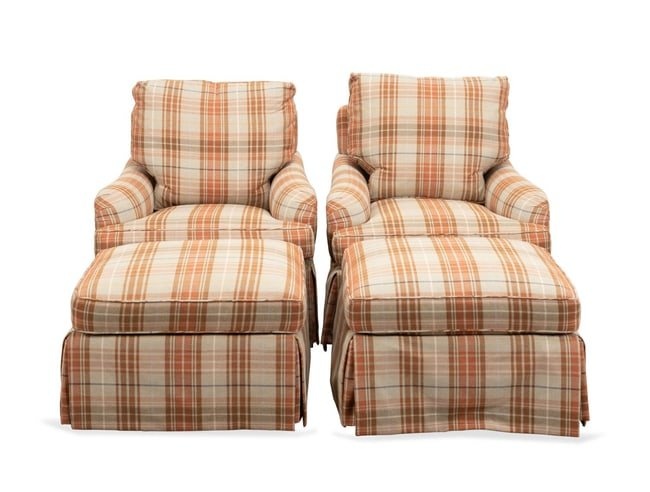 4PCS, BAKER PLAID UPHOLSTERED CHAIRS W/ OTTOMANS