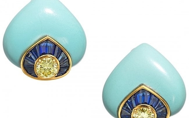 55059: Colored Diamond, Sapphire, Turquoise, Gold Earri