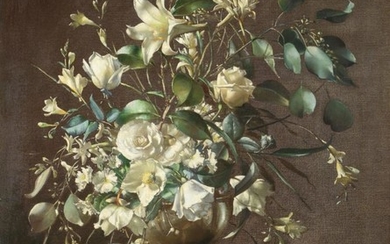Terence Loudon (1900-1949) Still life of white lilies, roses and...