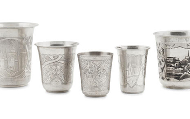 Five Russian etched silver cups