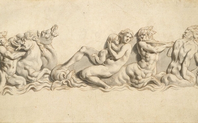 59 Ecole Italienne du XVIIème D après un bas-relief avec monstres marins et nymphes Plume...