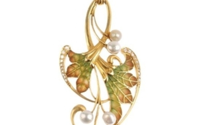 An Art Nouveau gold plique-a-jour enamel, pearl and