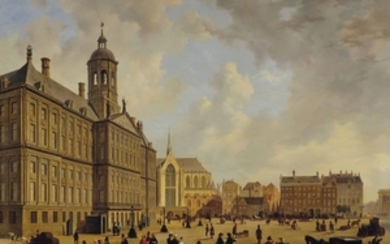 Bartholomeus Johannes van Hove (Dutch, 1790-1880) and Huib van Hove (Dutch, 1814-1864), A bustling day in front of the City hall on the Dam Square, the Nieuwe Kerk in the distance, Amsterdam