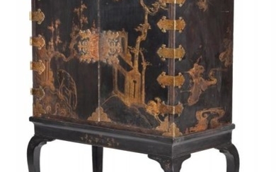 A black lacquer and gilt chinoiserie decorated cabinet on stand