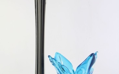 Blue Glass Vase (H:27cm)Together With A Black Glass Thin Stem Example H: 50cm