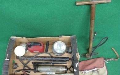 Box of tools, torches, stirrup pumps, hydrometer etc