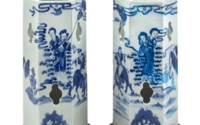 A Pair of Chinese Blue and White Porcelain Hexagonal Hat Stands