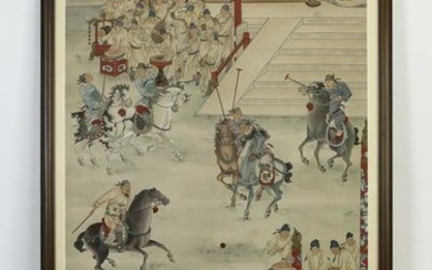 Chinese hand painted scroll of a polo match, 68"h