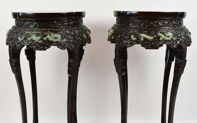PAIR OF CHINESE JADE MOUNTED CARVED WOOD PEDESTALS