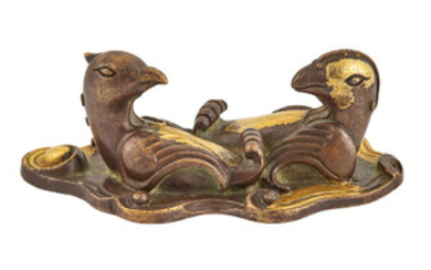 Chinese Parcel Gilt-Bronze Double Duck Brushrest