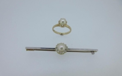A diamond and bouton cultured pearl bar brooch together