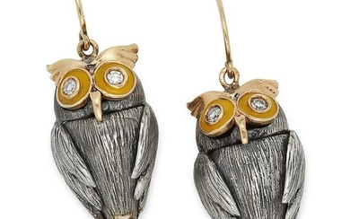 DIAMOND AND ENAMEL OWL EARRINGS set with round cut