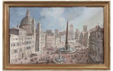 Ecole italienne vers 1700 Trois vues animées de Rome : La place Navone, Vue du Tibre avec le château Saint Ange et La place du Capitole