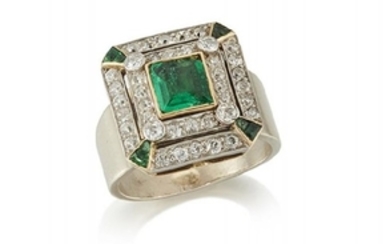 An emerald & diamond square cluster ring,...