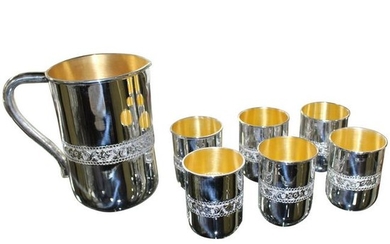 Fine Solid Silver Gilt Seven Piece Jug and Cups