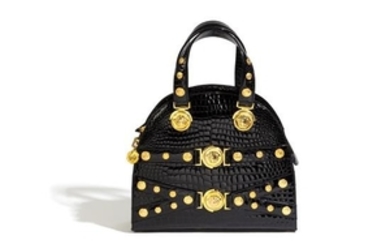 A Gianni Versace Black Patent Croc Embossed Medusa Bag