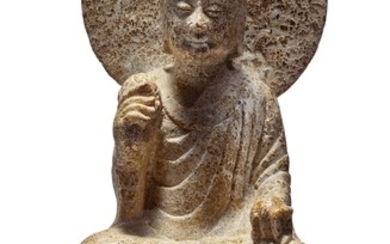 A 'HUANGHUASHI' LIMESTONE CARVING OF A SEATED BUDDHA SUI - TANG DYNASTY