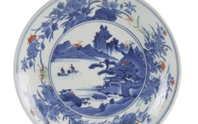 A Japanese enameled blue and white porcelain dish, Arita...