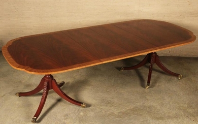MAHOGANY SATINWOOD BANDED 2 PEDESTAL DINING TABLE BY