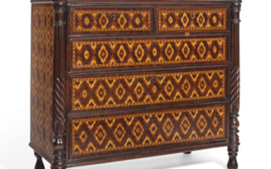 A NORTH EUROPEAN FRUITWOOD PARQUETRY MINIATURE CHEST-OF-DRAWERS, EARLY 19TH CENTURY