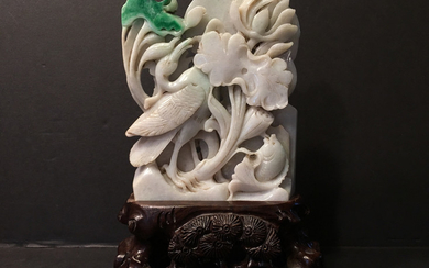 OLD Large Chinese Feicui carvings with Crane and fish and lotus on wood stand