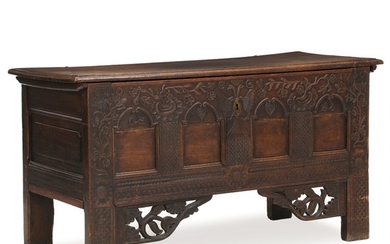 A rural French oakwood chest with carved front and date, “1790”. H. 80 cm. W. 150 cm. D. 58 cm.