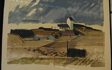 Svend Engelund: “Vennebjerg church”. Signed Svend Engelund 62. Lithograph in colours. 49.5×69 cm.