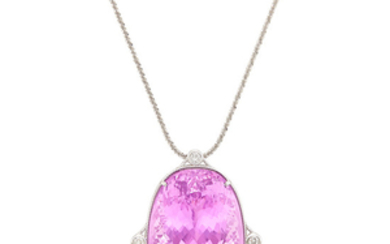 White Gold, Kunzite and Diamond Pendant with Chain Necklace