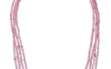 Gilbert Albert, collier 4 rangs de billes de tourmaline rose alternées d'éléments or 750 perlé