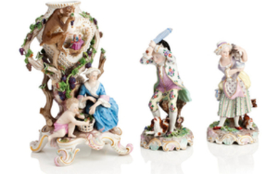 A Meissen figural vase and a pair of Meissen style figures