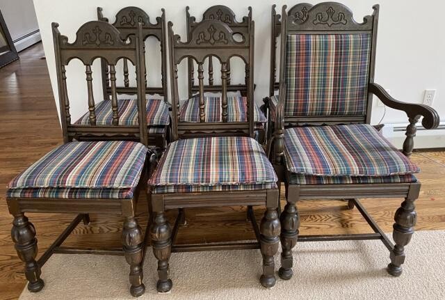 6 Jacobean Style Upholstered Turned Dining Chairs