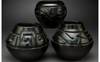 Three Santa Clara Carved Blackware Jars Stella Chavarria,...
