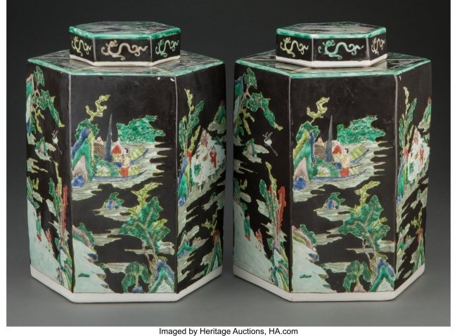 78059: A Pair of Chinese Famille Noire Porcelain Tea Ca