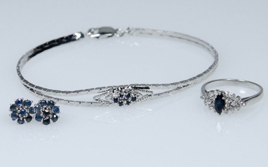 835/925 Silver - Bracelet, Earrings, Ring, Set - 0.95ct sapphires