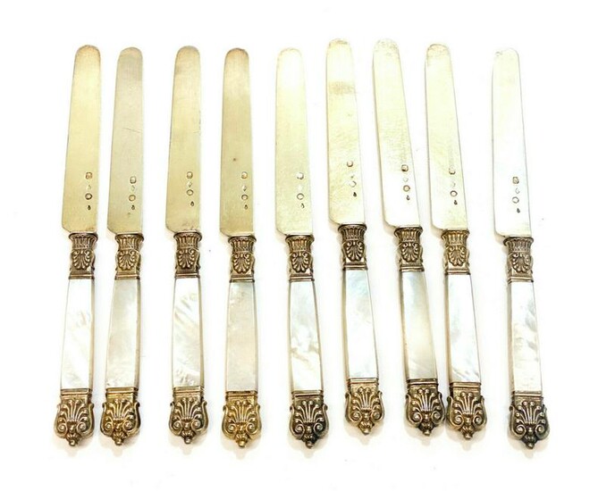 9 French Silver Mother of Pearl Ferrul Fish Knives